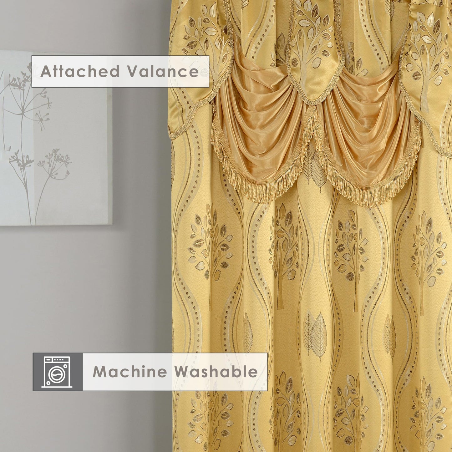 Elegant Comfort Aurora Jacquard Look Curtain Panel Set with Attached Valance 54" X 84 inch (Set of 2), Gold