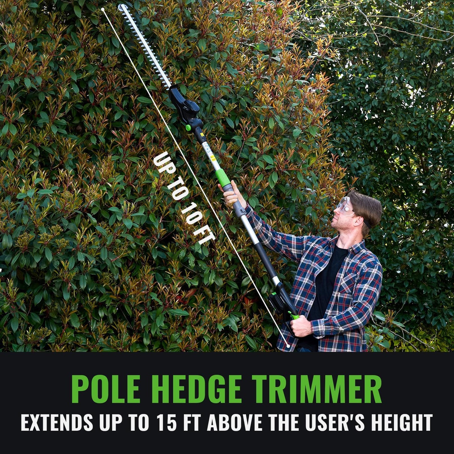 NovorikX Pole Hedge Trimmer Cordless 20V with Battery Powered 20-Inch Electric Hedge Trimmers 15-FT Reach with Extension Pole Multiple Angles for Shrubs Pruning Bush Trimmer