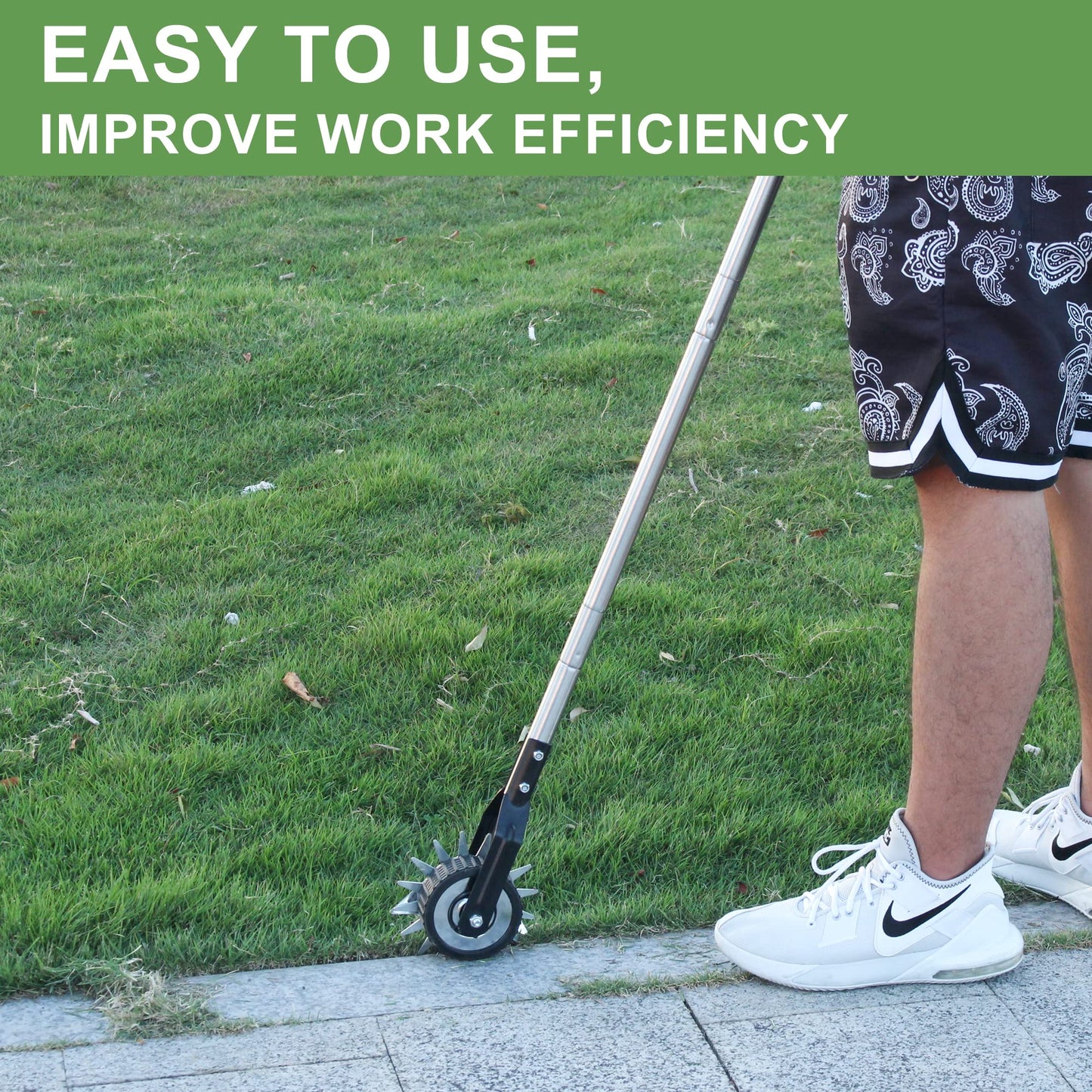 BARAYSTUS Wheel Rotary Edger Lawn Tool, Grass Edge Trimmer, Sidewalk Manual Lawn Edger, Strong 3 Sections Stainless Steel Handle with Cushion Grip, 58.3-Inch