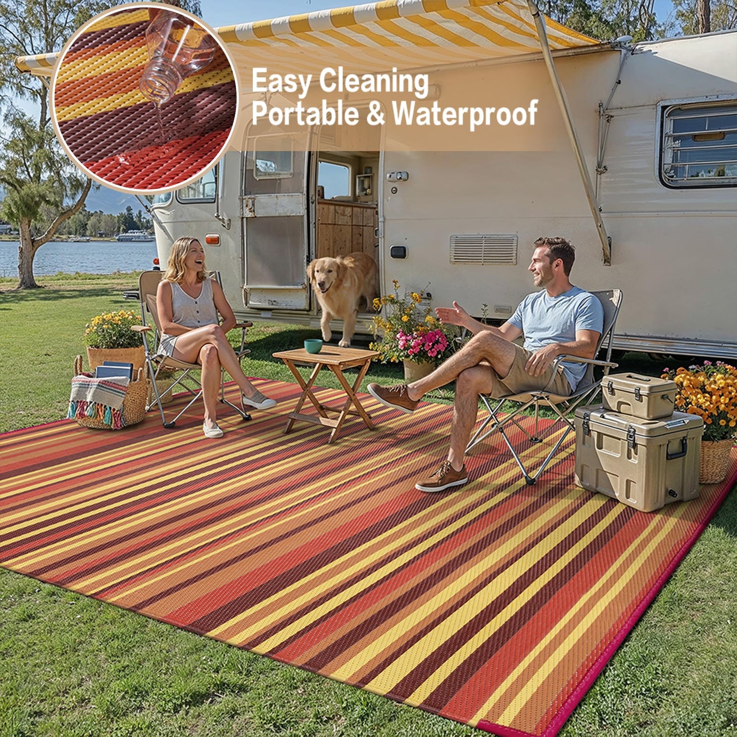 WondRg Outdoor Plastic Straw Rug Waterproof Patio 5x8 Red Orange Stripe Mat for Porch Camping RV Balcony Deck Courtyard Reversible Lightweight Durable Portable Carpet