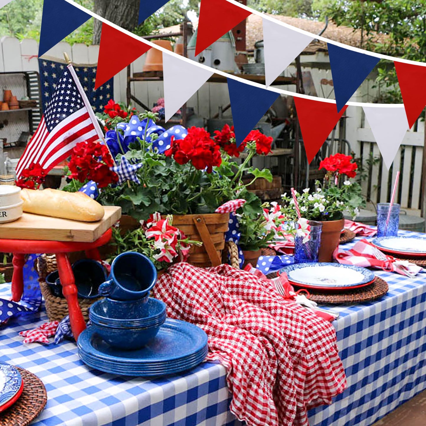 33 ft Pennant Banner Flags,Flag Triangle Bunting Garland Decor，for Fourth of July,Wedding,Birthday Party,Baby Shower,Graduation,Golf Party Decor (Blue White Red Independence Day Banner Decor)