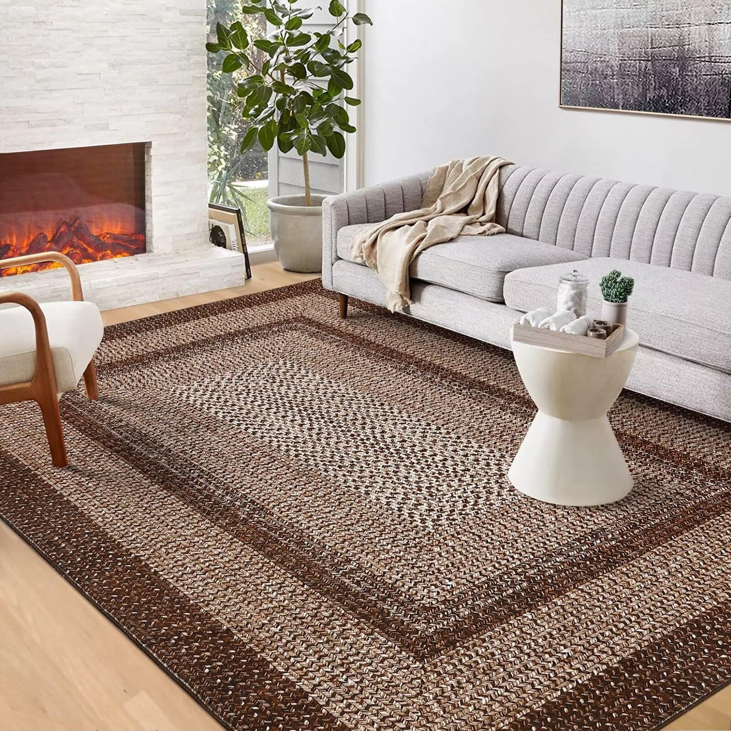 GAOMON Boho Braided Print Accent Rug, 6' x 9' (Rectangular), Brown, Machine Made, Non-Slip, Low Pile, Polyester, Area Rug
