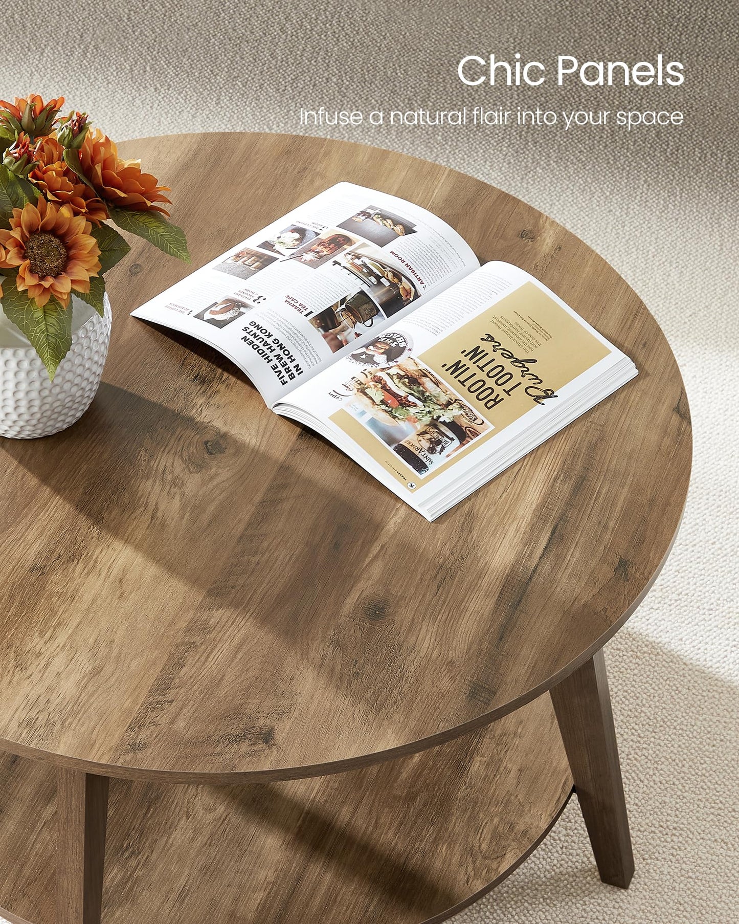VASAGLE MAEZO Collection - Round Coffee Table, 2-Tier Center Table with Storage, Tapered Legs, Curved Transitions, 31.5 Dia. x 17.7 H Inches, Easy Assembly, for Living Room, Honey Brown ULCT243K41