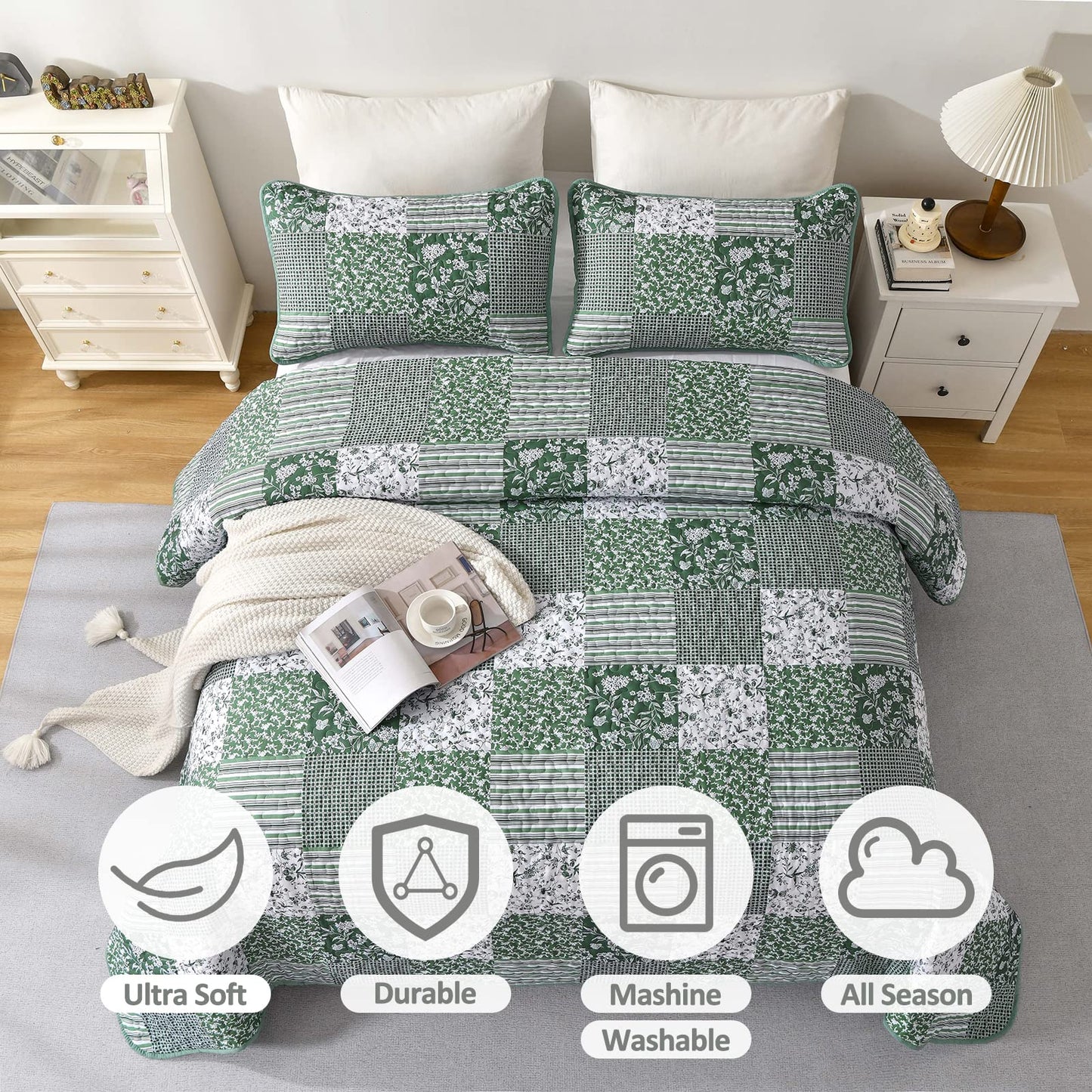 Mybedsoul Green Boho Queen Quilt Set, 3-Piece Reversible Soft Plaid Floral Bedding Set with 2 Pillow Shams - Sage Green Queen Size Quilt Bedspread Coverlet Set 90” x 96”