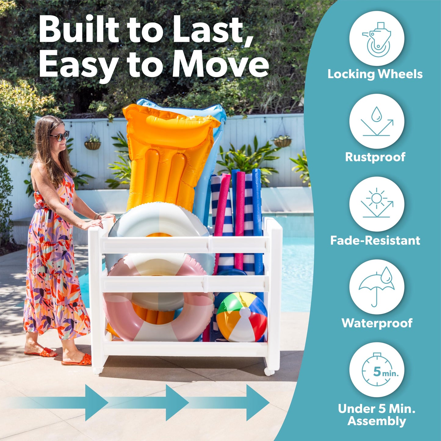 GoSports Coast Modern Pool Organizer for Floats and Toys - Large Waterproof Storage Rack for Outdoor Pool Area