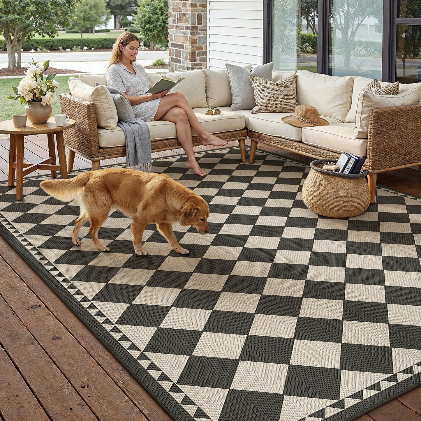 HUGEAR 8x10 Outdoor Rug Black/Beige Linen-Look Fabric Checkered Area Rug High Traffic Stain Resistant Easy Clean Durable Rugs for Indoor/Outdoor Patio Deck Balcony Porch Garden Courtyard