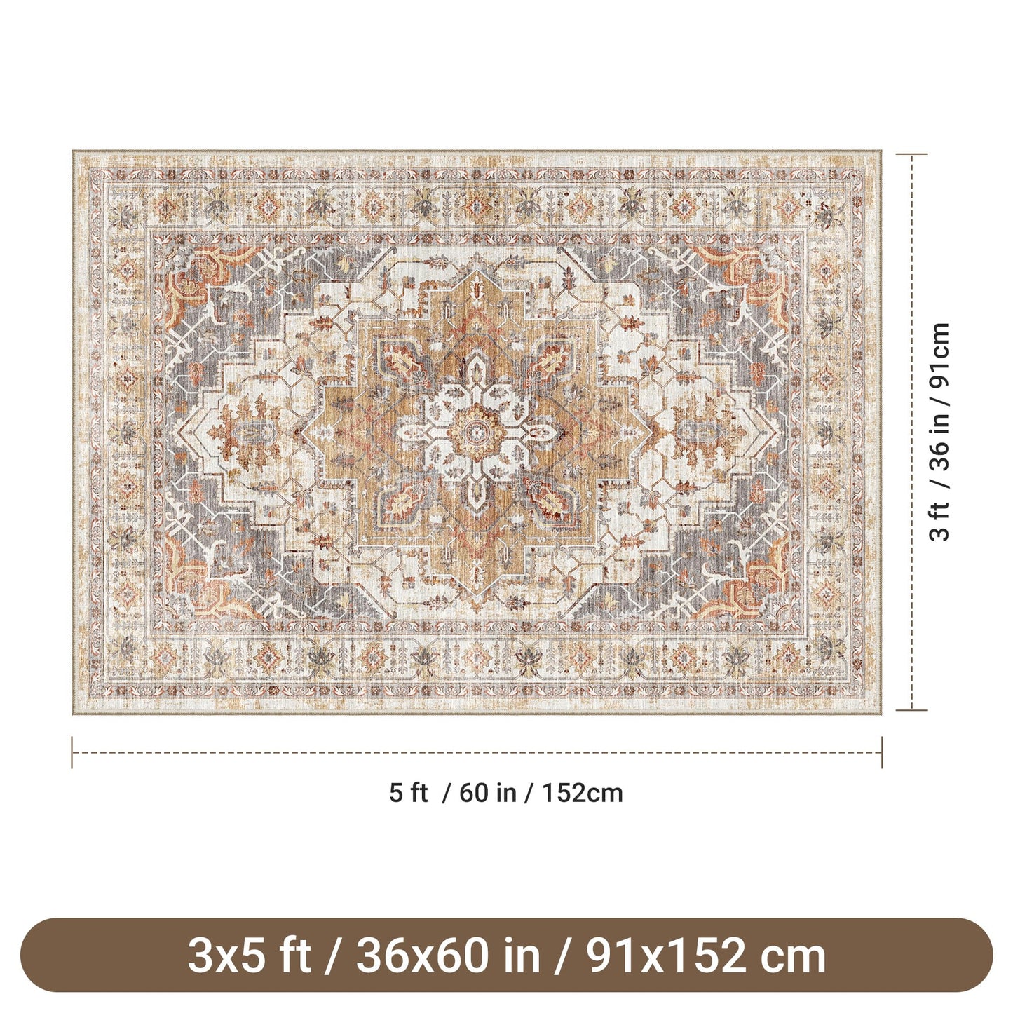 befbee 3x5 Rug, Ultra-Thin Area Rugs for Living Room,Non-Slip Lightweight Washable Rug for Bedroom,Kitchen,Entryway,Stain Resistant Small Carpet (Turmeric/Grey, 3'x5')
