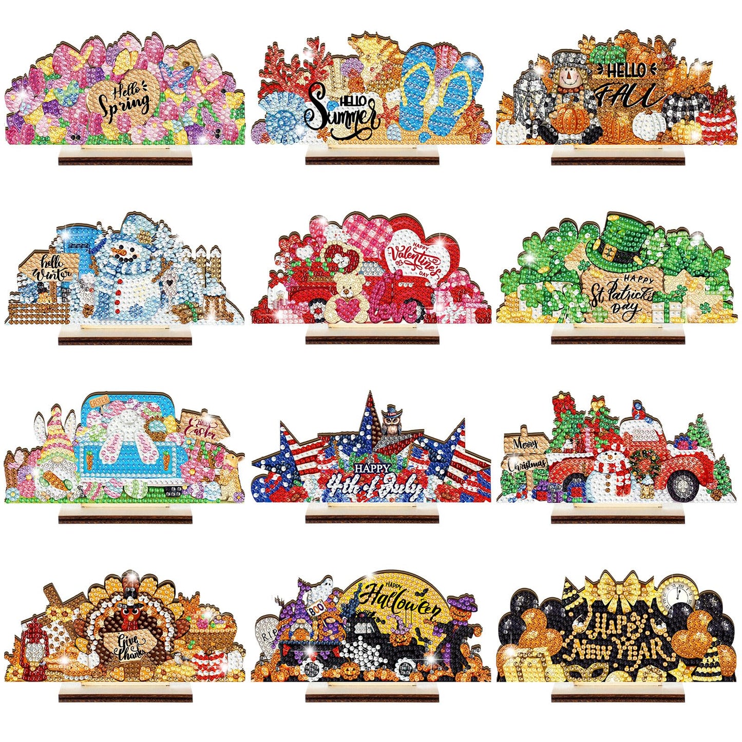 YooNotee 12 Sets Interchangeable Seasonal Diamond Art Tabletop Decorations Holiday Diamond Art Painting Kit with 12 Wood Base for Table Tiered Tray Decor Craft Graduation Centerpiece (Classic Style)