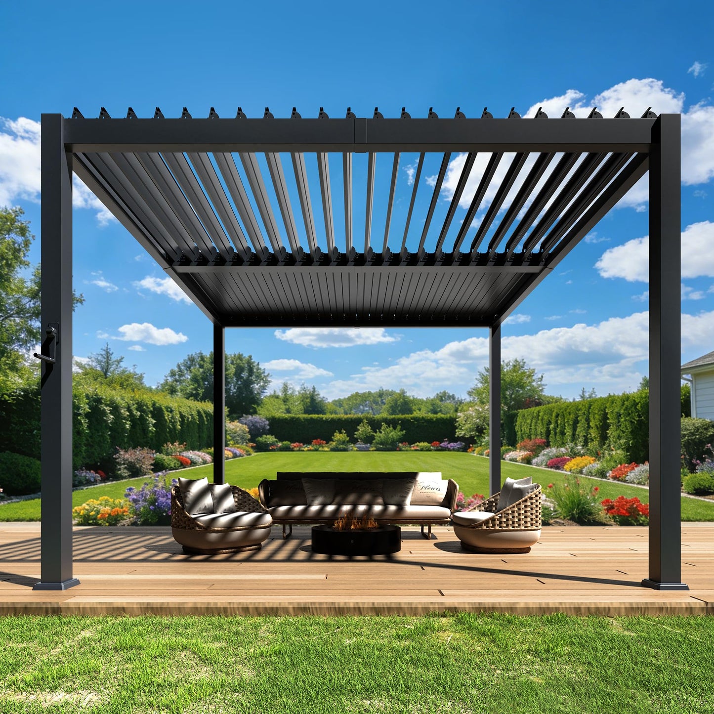 10' x 10' Outdoor Aluminum Louvered Pergola with Adjustable Roof, Upgraded Side Short-Rod Control, Easy Assembly, Modern Hardtop Gazebo for Patio, Deck, Backyard, Garden