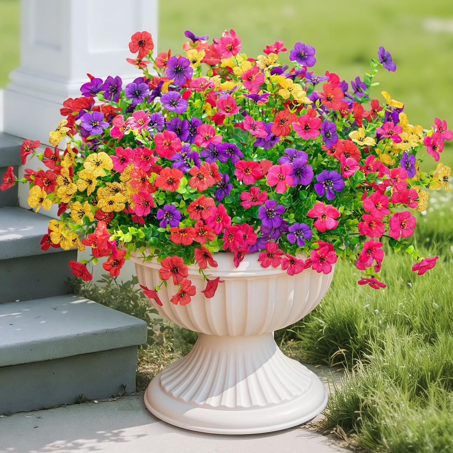 16 Bundles Artificial Fake Flowers Plants for Outdoors Spring Summer Decor,Faux Flowers Plant Silk Daisy UV Resistant for Outside Planters Front Porch Patio Yard Garden Home(Red,Purple,Yellow,Fuchsia)