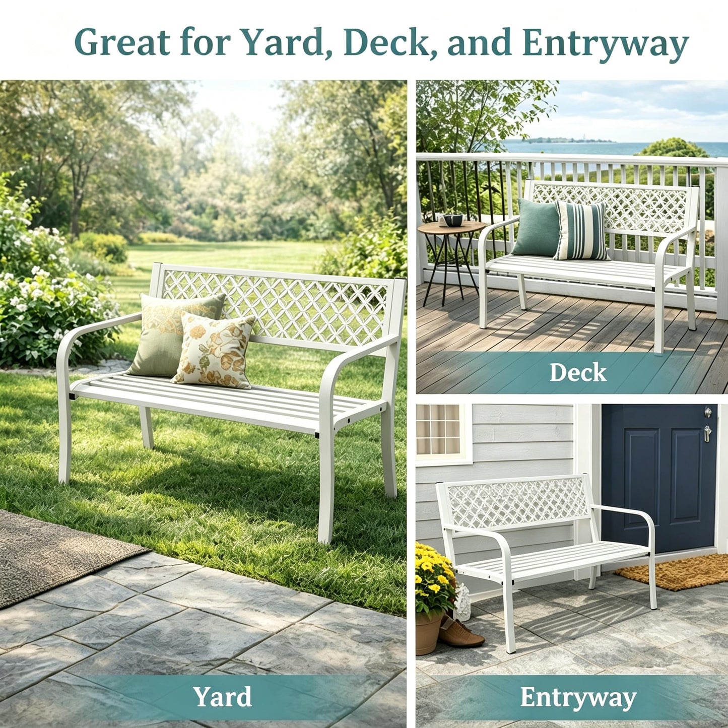 Garvee Outdoor Metal Garden Bench for 2 Person, Heavy Duty Steel Patio Bench 790 Lbs Capacity, Weather Resistant Black Porch Seating with Geometric Backrest, Outdoor Furniture for Yard, Deck, Entryway