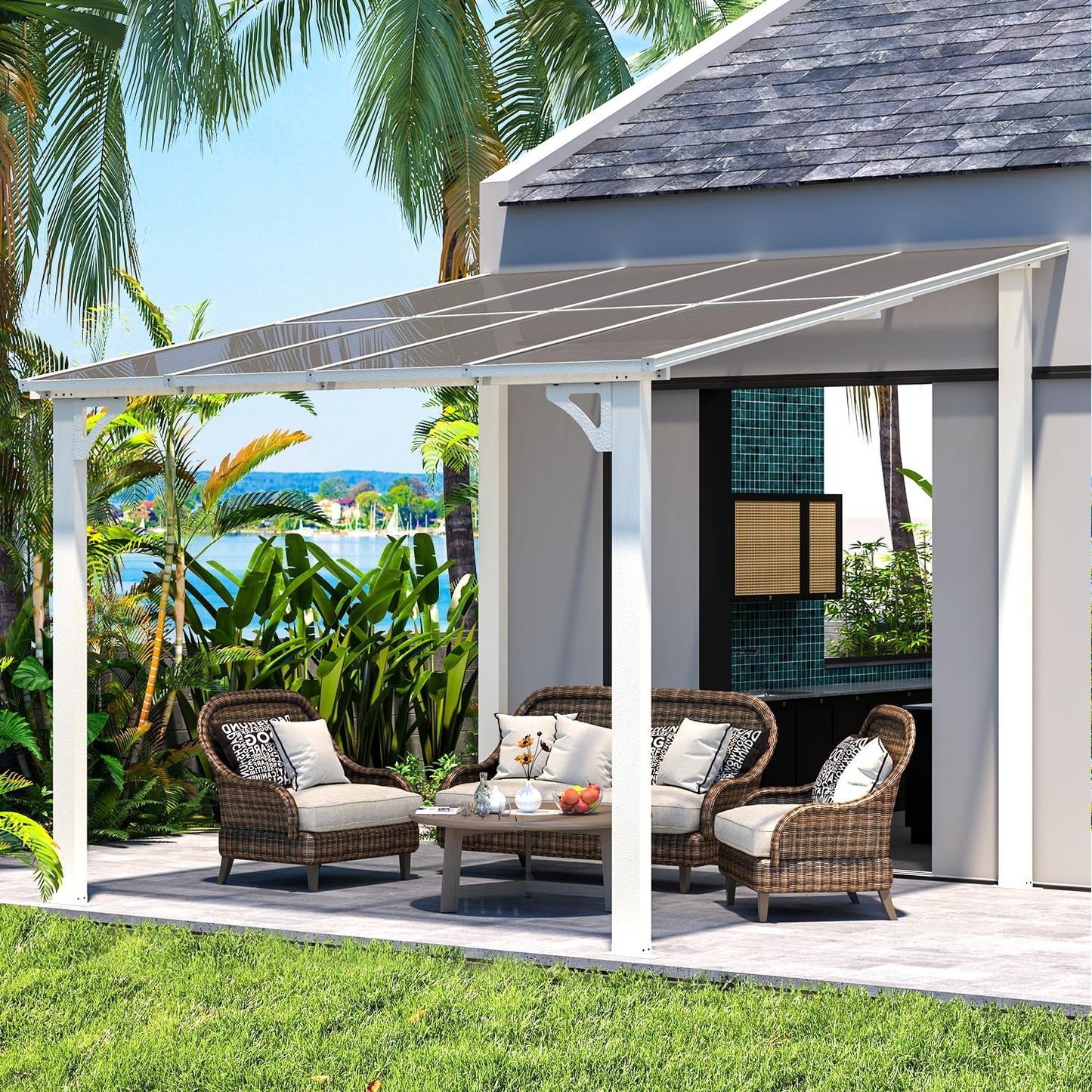 AECOJOY 8' x 8' White Gazebo Outdoor Pergola for Patio, Small Wall-Mounted Hard Top Lean to Metal Gazebo Shelter Pergolas and Gazebos Clearance with Patio Roof, Heavy Duty Awnings for Backyard