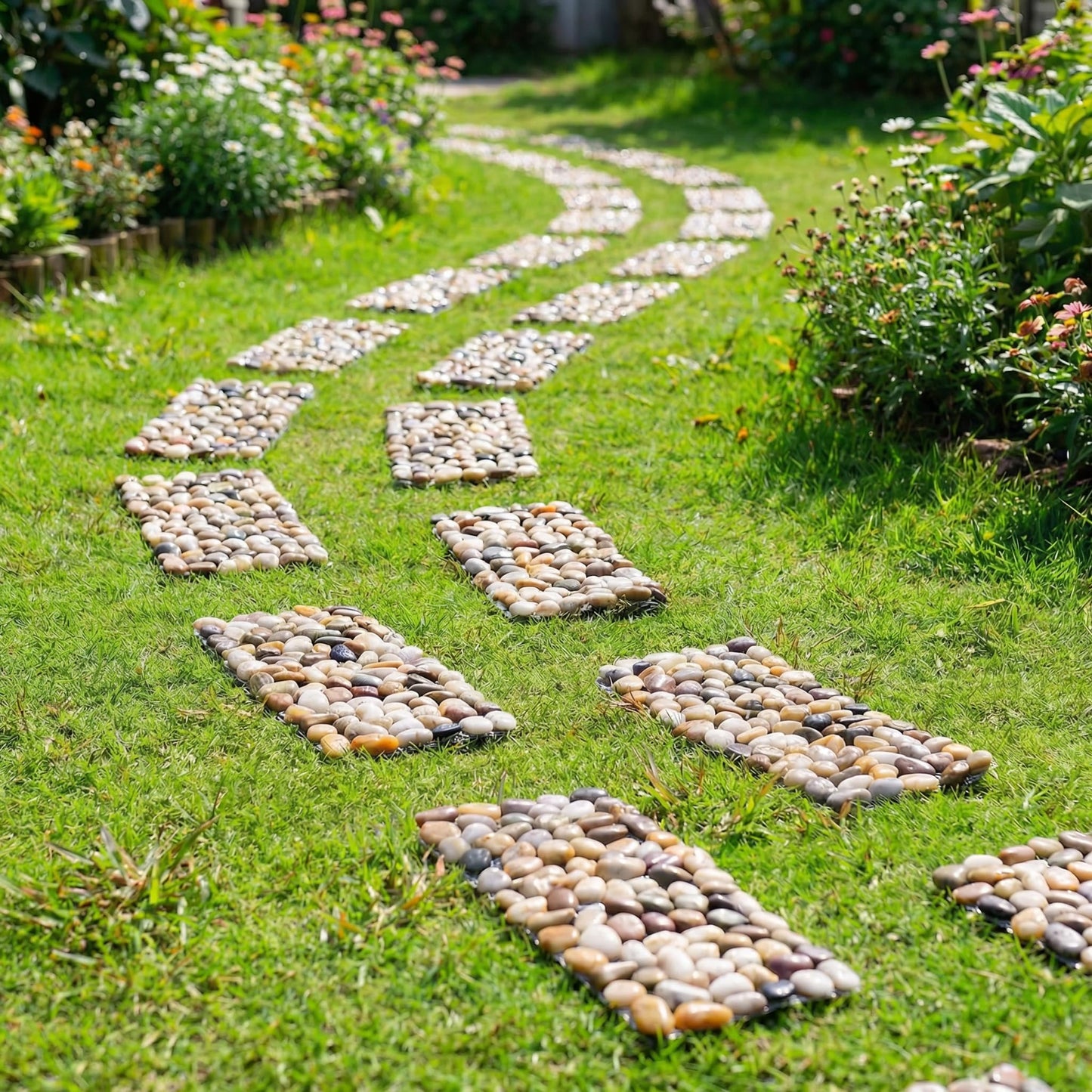 6 Pcs River Rock Stepping Stones, 16" L x 5.5" W Rectangles Natural Outdoor Pavers Pebbles Polished Gravel for Garden Walkway Pathway