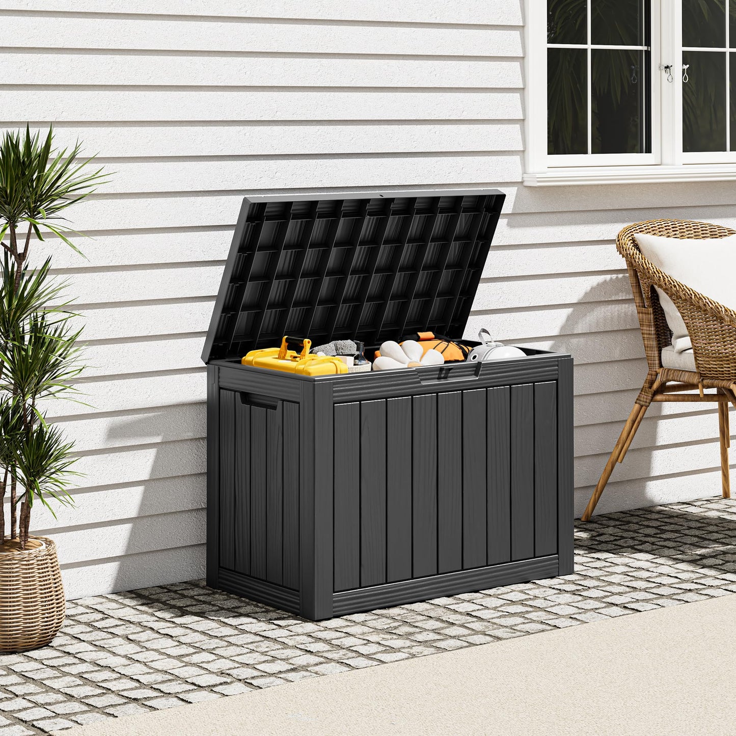 NBYSGO Outdoor Storage Box, Resin Deck Boxes Indoor and outdoor, Waterproof Storage Box Lockable Lid (Black, 45 Gallon)