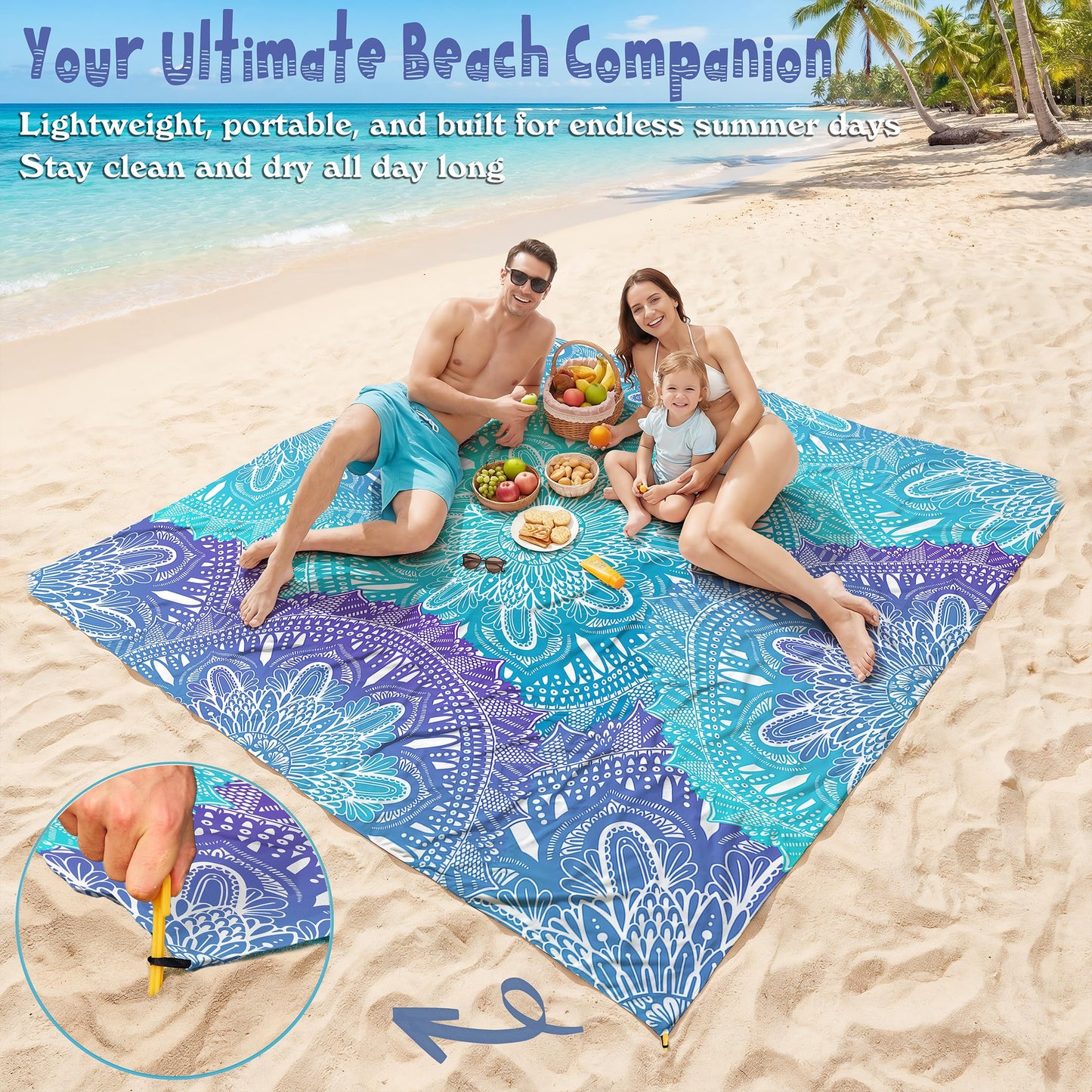 Aroveea Beach Blanket Waterproof Sandproof 1-7 Adult Oversized 78'' × 110'' Lightweight Durable Compact Sand Free Beach Mat for Travel Camping Hiking Picnic Blanket Extra Large