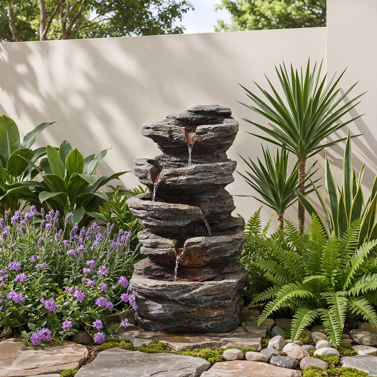 Anunweldo 19.7" Tall Outdoor Water Fountain, 5 Tier Cascading Bowls and Stacked Water Fountain with LED Lights, for Yard Décor, Backyard, Patio and Deck (19.7'')