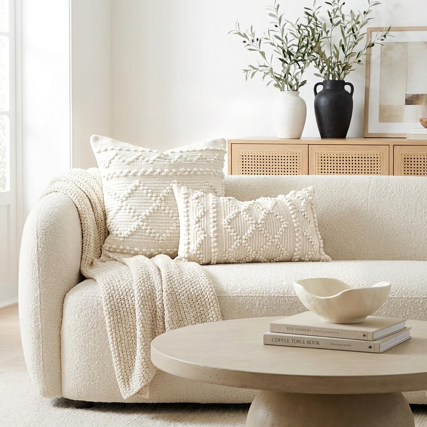 BlissBlush Pure White Decorative Throw Pillow Cover 20X20, Boho Accent Pillow for Couch, Square Modern Farmhouse Pillowcase for Living Room Couch Sofa Cushion Home Décor (Pack of 1)