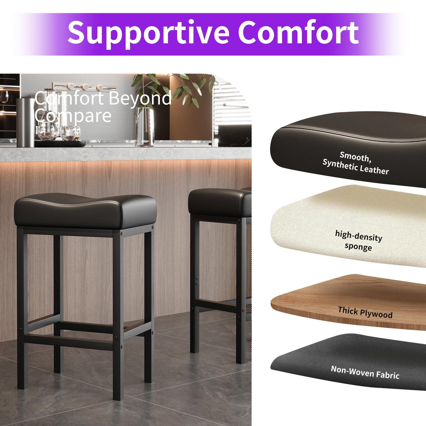 Monhey 30 Inch Bar Stools Set of 2 - Counter Height Bar Stools with Soft Leather Seat, 300LB Heavy Duty Backless Padded Barstool Chair Easy Assembly for Modern Kitchen Island Counter (Black)