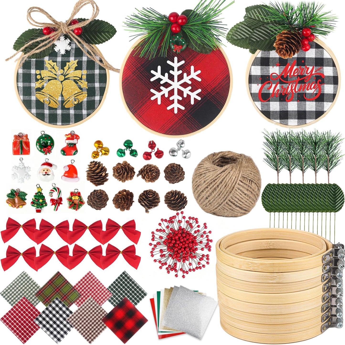 Ecoofor 8 Pack DIY Christmas Ornaments Craft Kit, Christmas Ornaments Kits with Plaid Fabric Bamboo Hoops Pinecones Berries and Other Accessories, Perfect for Christmas Crafts and Holiday Decorations