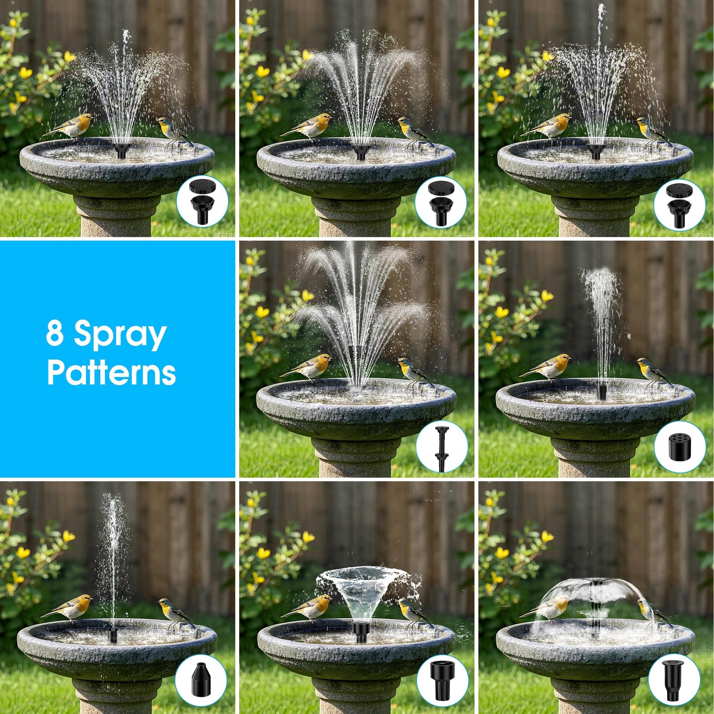 Biling 8W Solar Fountain Pump, Solar Water Pump with 3600mAh Battery Backup Work All Day, 5ft Tubing 5 Nozzles, Solar Fountain for Bird Bath, Garden Pond, Fish Tank and Hydroponics