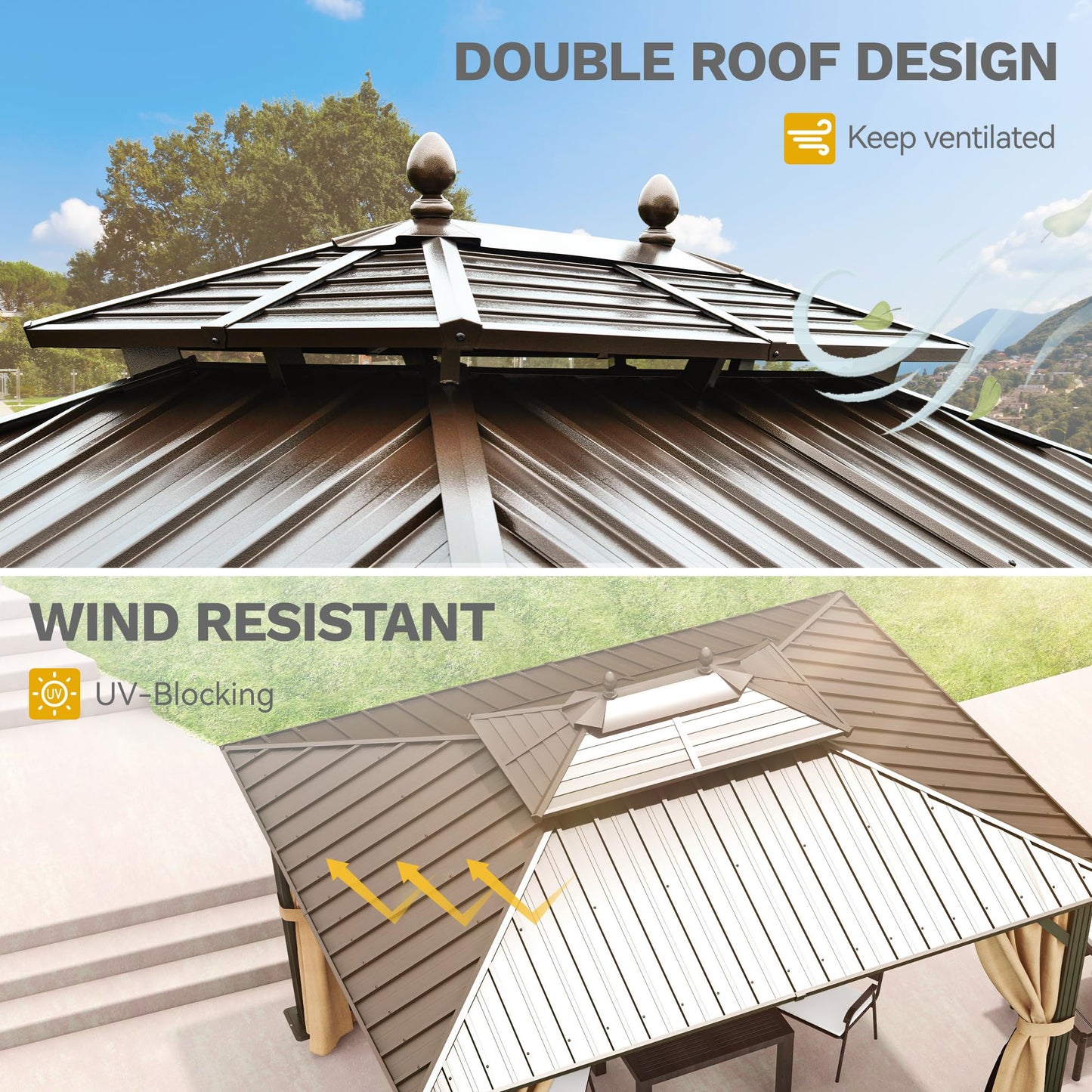 DWVO 10x12ft Hardtop Gazebo Heavy Duty Double Roof Galvanized Steel Outdoor with Nettings and Curtains, Combined of Horizontal Vertical Stripes Roof for Patio, Backyard, Deck, Lawn, Bronze
