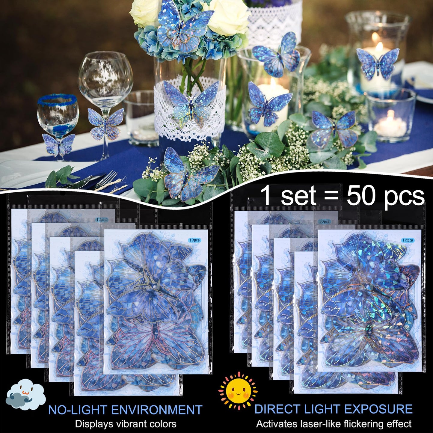 RAINBOW WSK 50 PCs Butterfly Wall Decor Cute Fairy Butterflies Wall Stickers 3D Butterflies for Birthday Cake Wedding Party Craft Room Decor Removable DIY Wall Decals sm- (Blue)
