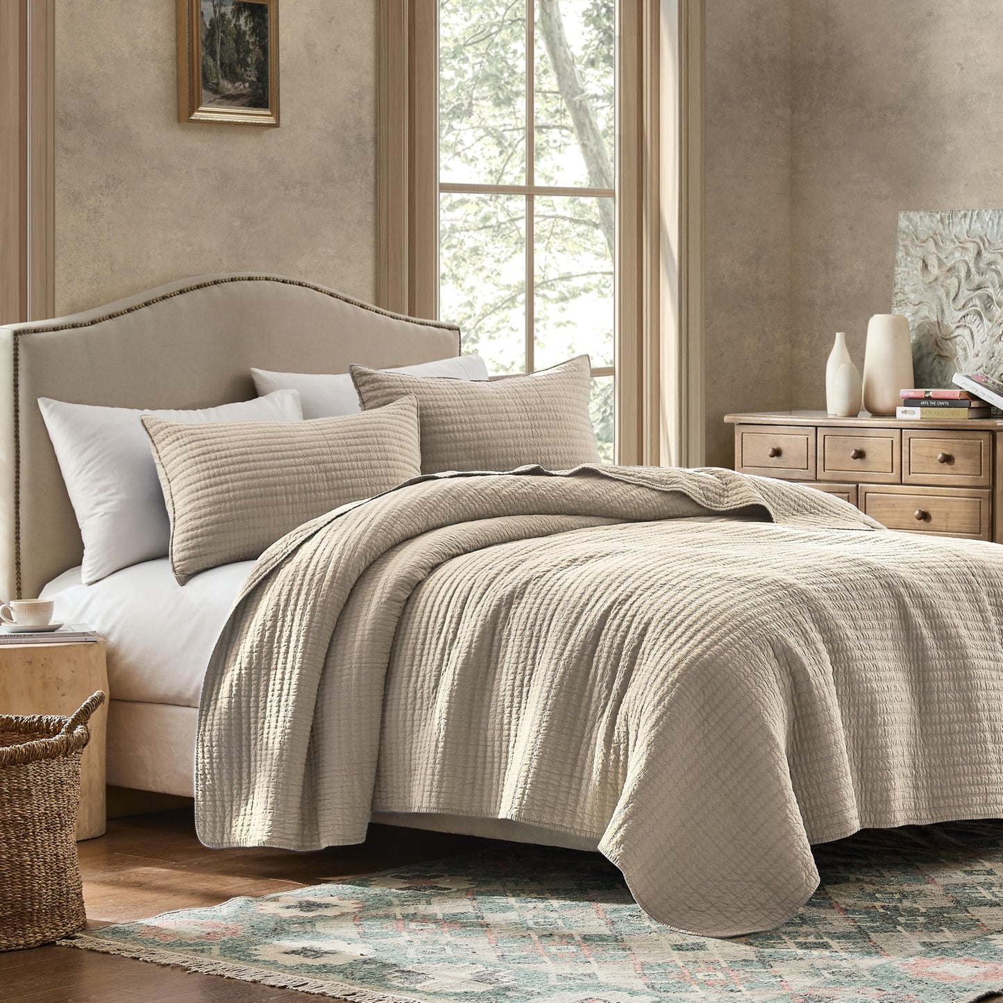 WDCOZY 100% Cotton Queen Size Quilt Set - Beige Neutral Striped Pick Stitch Soft Lightweight Bedspread, Textured Like Linen, Farmhouse Country Rustic Coverlet, Shabby Chic Gauze Bedding, 3 Pieces