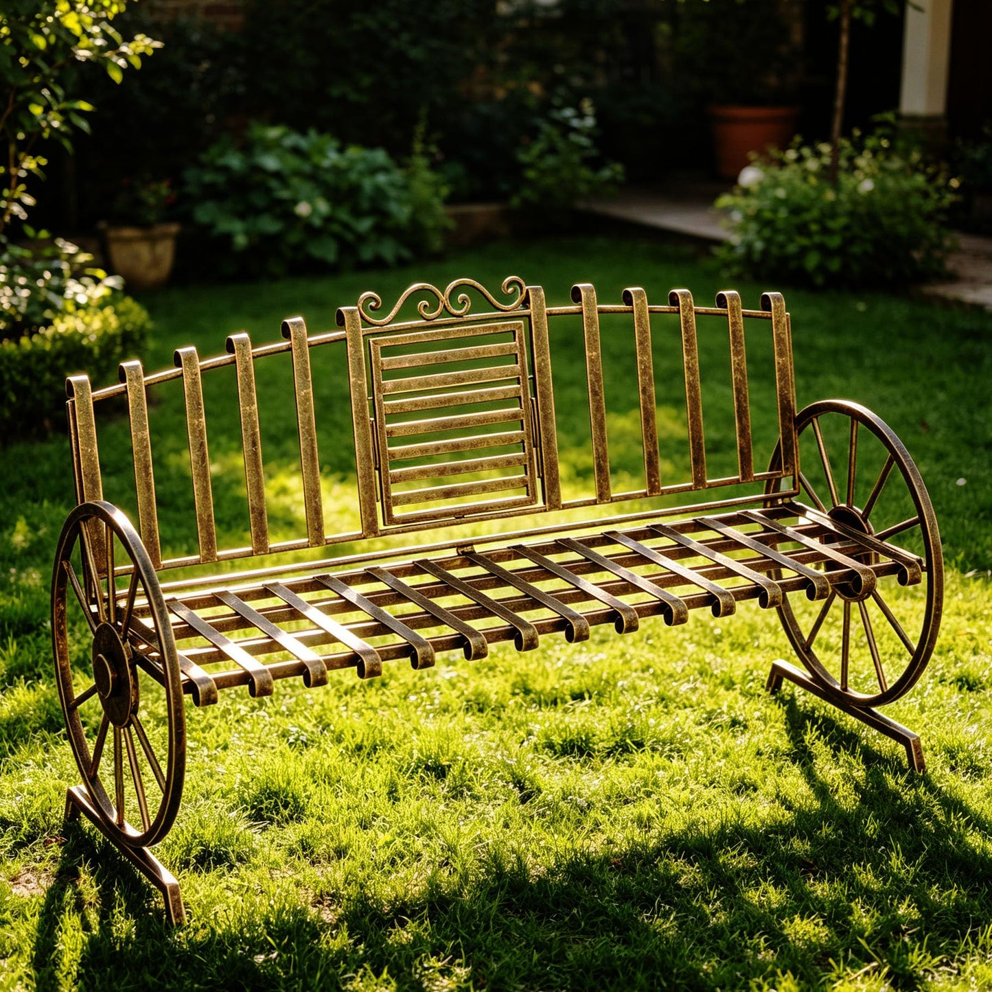 Boweniog Outdoor Bench Patio Outdoor Garden Bench with Built-in Table, Wagon Wheel Arms, 3 People Outdoor Bench Garden Bench Front Porch Furniture Patio Lawn Yard Park (Bronze)