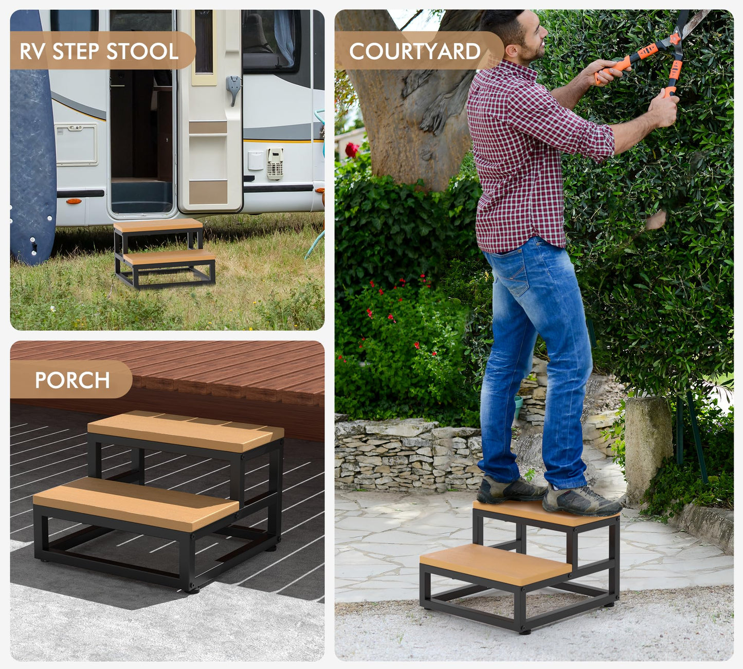 Y&M Two Step Stool for Adults Kids, Waterproof HPDE Bed Step Foot Stool with Adjustable Non-Slip Feet, Metal Frame Stepping for Kitchen Bathroom Bedroom Living Room, Indoor or Outdoor Use, Brown
