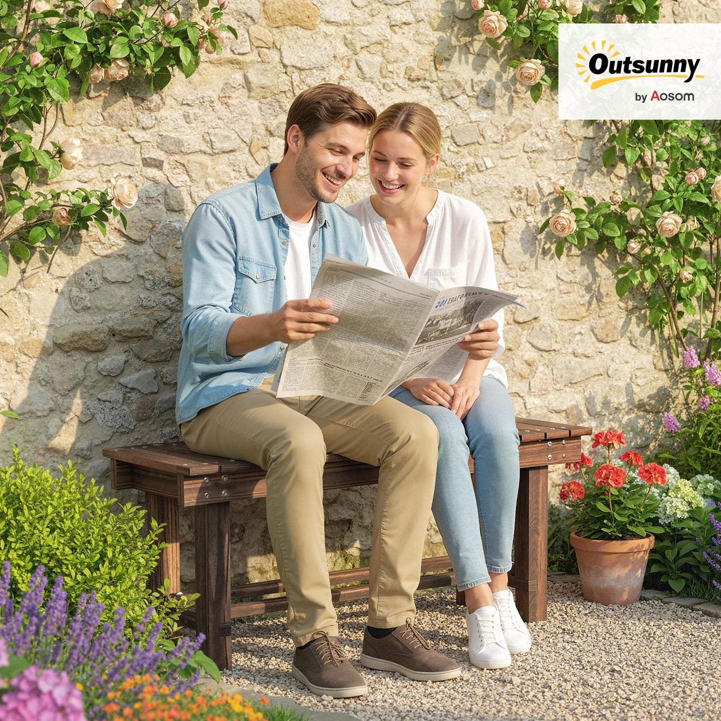 Outsunny 35.4" Wooden Garden Bench with Storage Shelf, 2 Seater, Suitable for Patio, Balcony, Outdoor Bench, Carbonized Wood