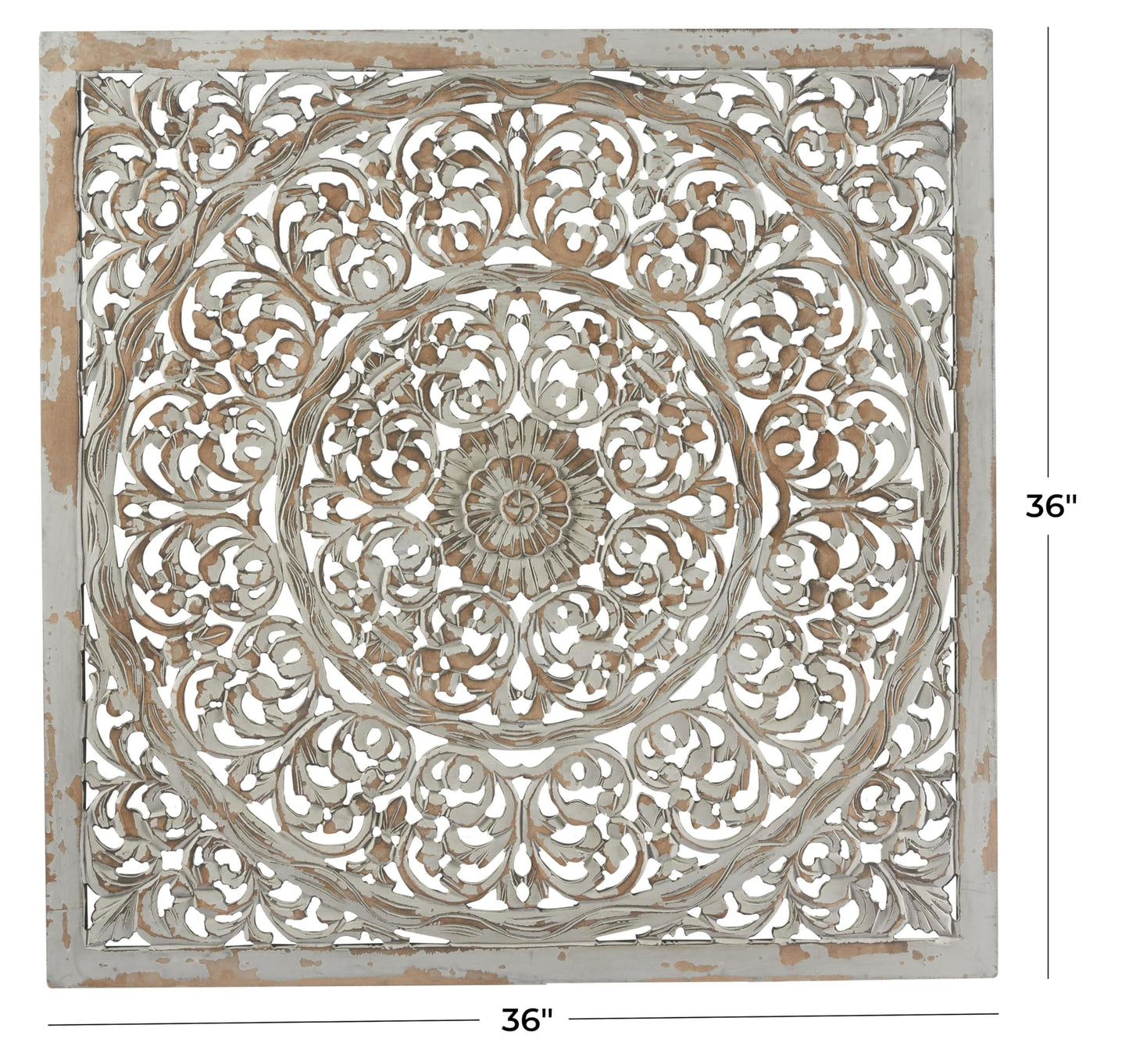 Deco 79 Wooden Floral Handmade Carved Scroll Mandala Wall Decor with Brown Distressing, 36" x 1" x 36", Gray