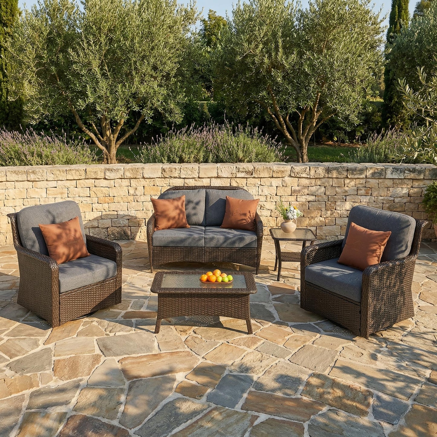 Tribesigns 5-Piece Outdoor Wicker Patio Furniture Set with 2 Swivel Chairs, 1 Loveseat & 2 Tables, Wicker Patio Chair Set with 26.8'' Deep Seat, Luxury Conversation Set for Porch, Yard, Brown/Gray