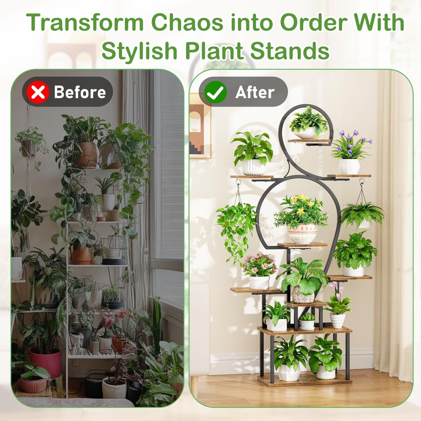 POZILAN Plant Stand Indoor with Grow Lights, 63'' Tall Indoor Plant Shelf, 9 Tiered Lighted Plant Stands for Living Room, Metal & Wood Corner Large Flower Holder for Alcony, Patio & Home, Black