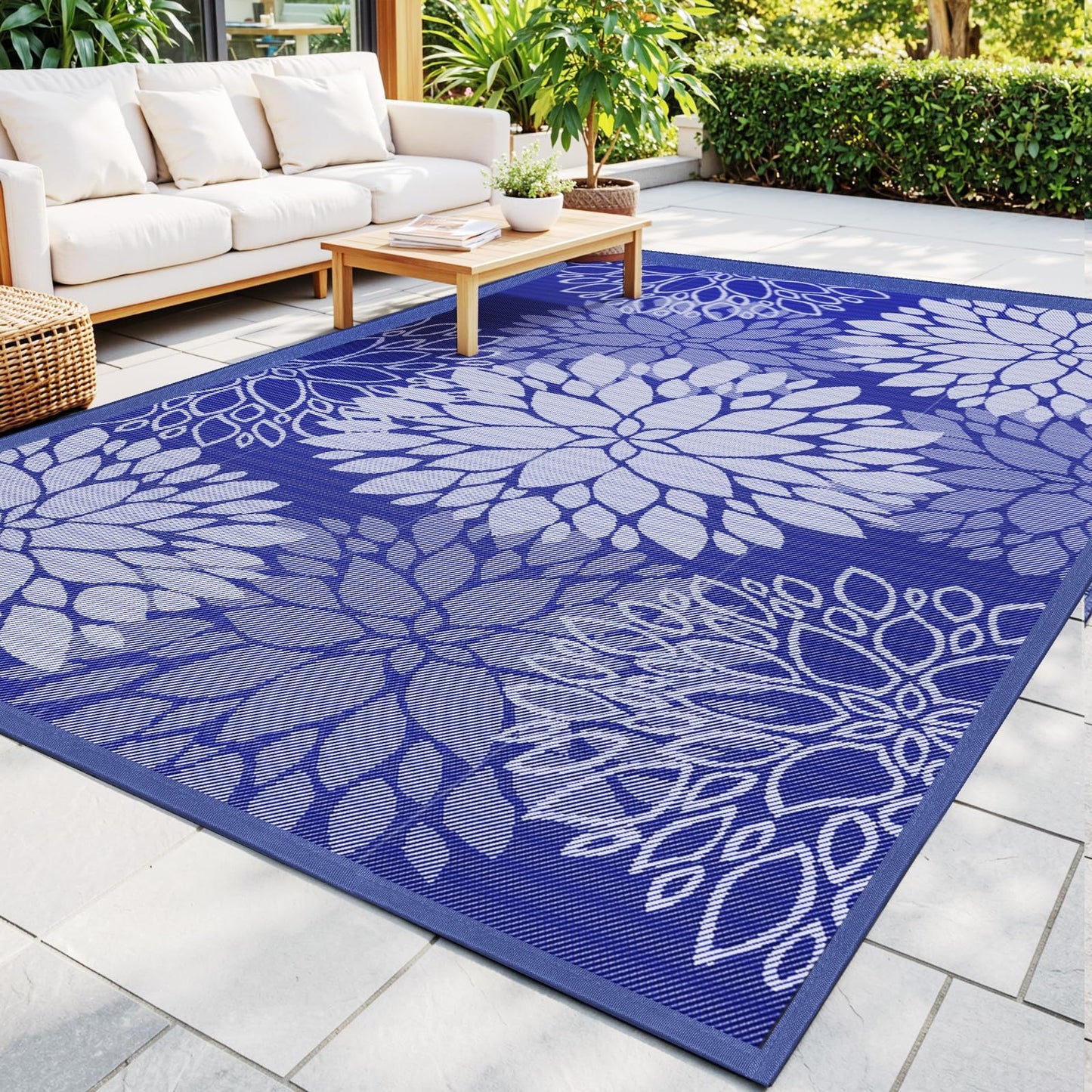 Mattitude Outdoor Rug 5' x 8' Waterproof, Reversible Portable Plastic Straw Area Rugs, Patio Carpet for RV Camping, Porch, Deck, Backyard, Camper, Pool, Picnic, Blue & White