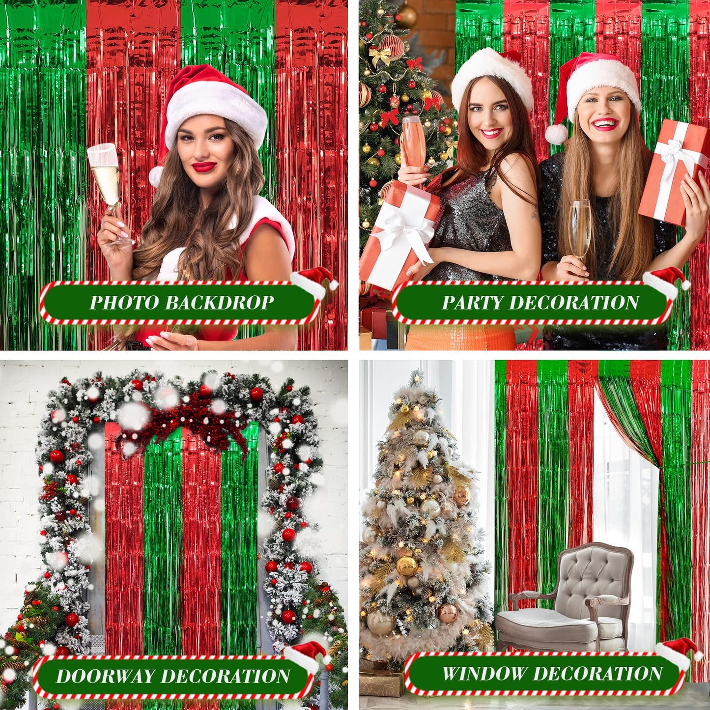 LYUBASA 3 Pack Christmas Party Decorations, Red and Green Tinsel Foil Fringe Curtains,Ugly Sweater theme Photo Booth Prop Streamer Backdrop decor Indoor outdoor Party Supplies for Happy New Year party