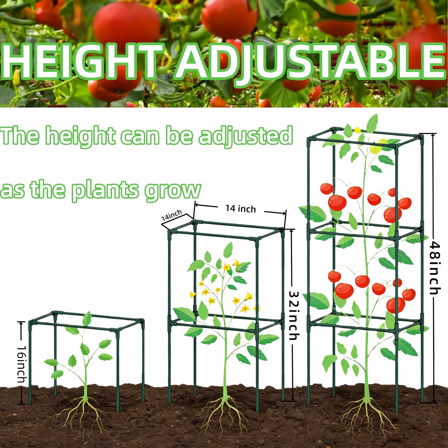 3 Pack Square Tomato Cages for Garden, 48 Inch Tall Heavy Duty Metal Tomato Plant Support Trellis, Adjustable Large Tomato Stakes for Outdoor Pots Climbing Plants, Vegetables, Cucumber