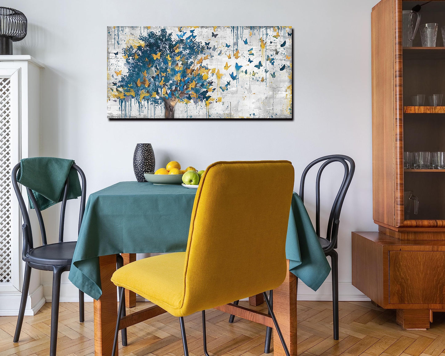 Kepgonegu Large Canvas Wall Art Blue Tree Golden Butterflies Picture Abstract Grey Graffiti Canvas Prints Ready to Hang for Living Room Bedroom Size 20x40