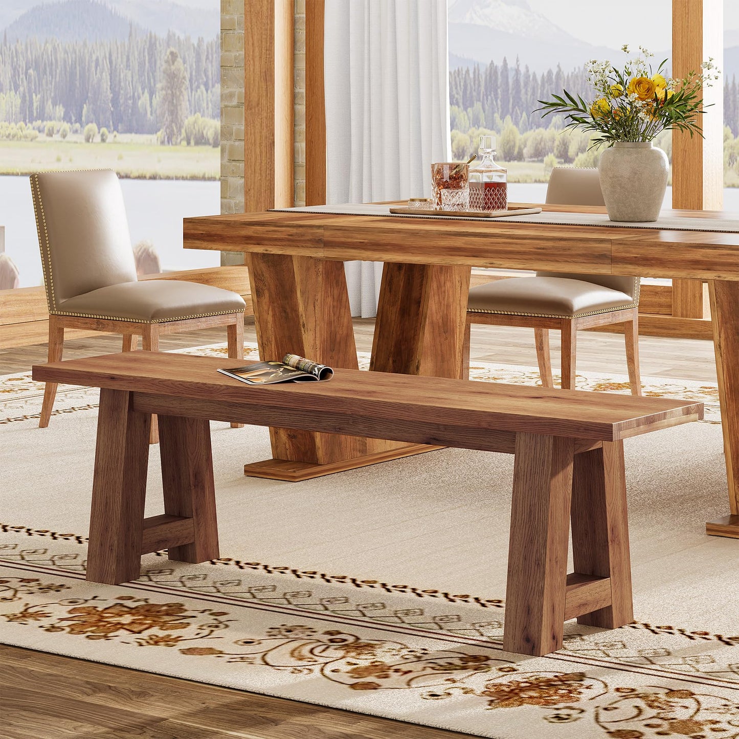 TRIBEWOOD Solid Wood Dining Bench with A-Shaped Legs, 55.12-Inch Farmhouse Entryway Bench Indoor for Hallway, Kitchen, Dining Room, Living Room (Brown)