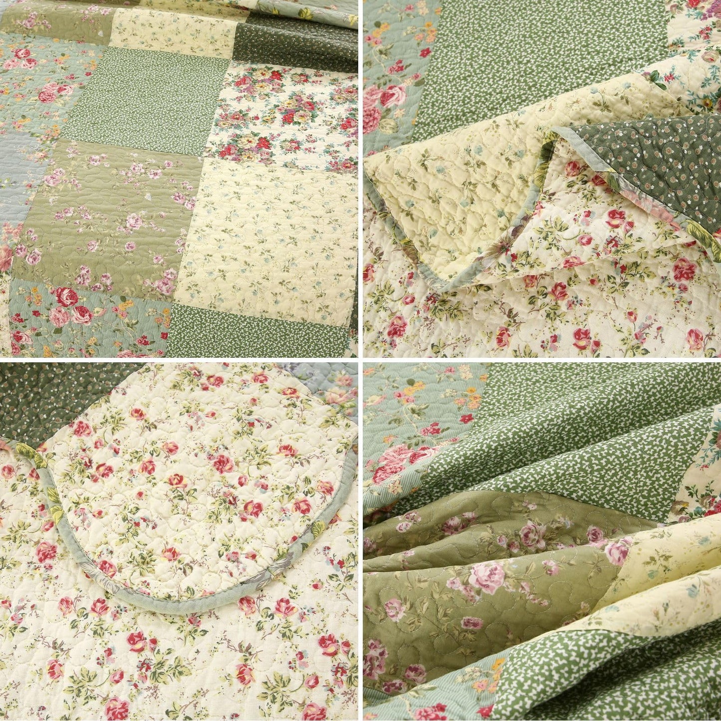 vctops Boho Patchwork Cotton Quilted Bedspread Quilt Set Queen Size 3 Pieces Soft Reversible Lightweight Coverlet Set Floral Print 1 Quilt and 2 Pillow Shams (Green D,Queen)