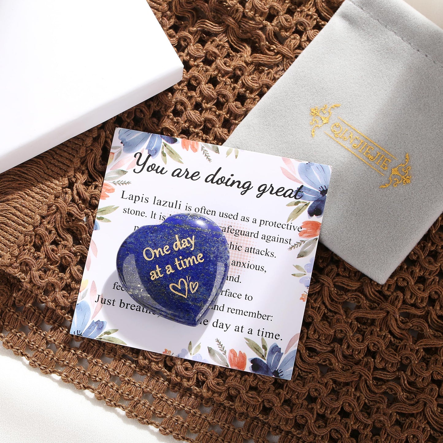 QINJIEJIE One Day at A Time Lapis Lazuli Heart Stones Crystals Thumb Worry Stone Thinking of You Gifts for Anxiety Relief Items You Got This Inspirational for Friend Sobriety Gifts for Men