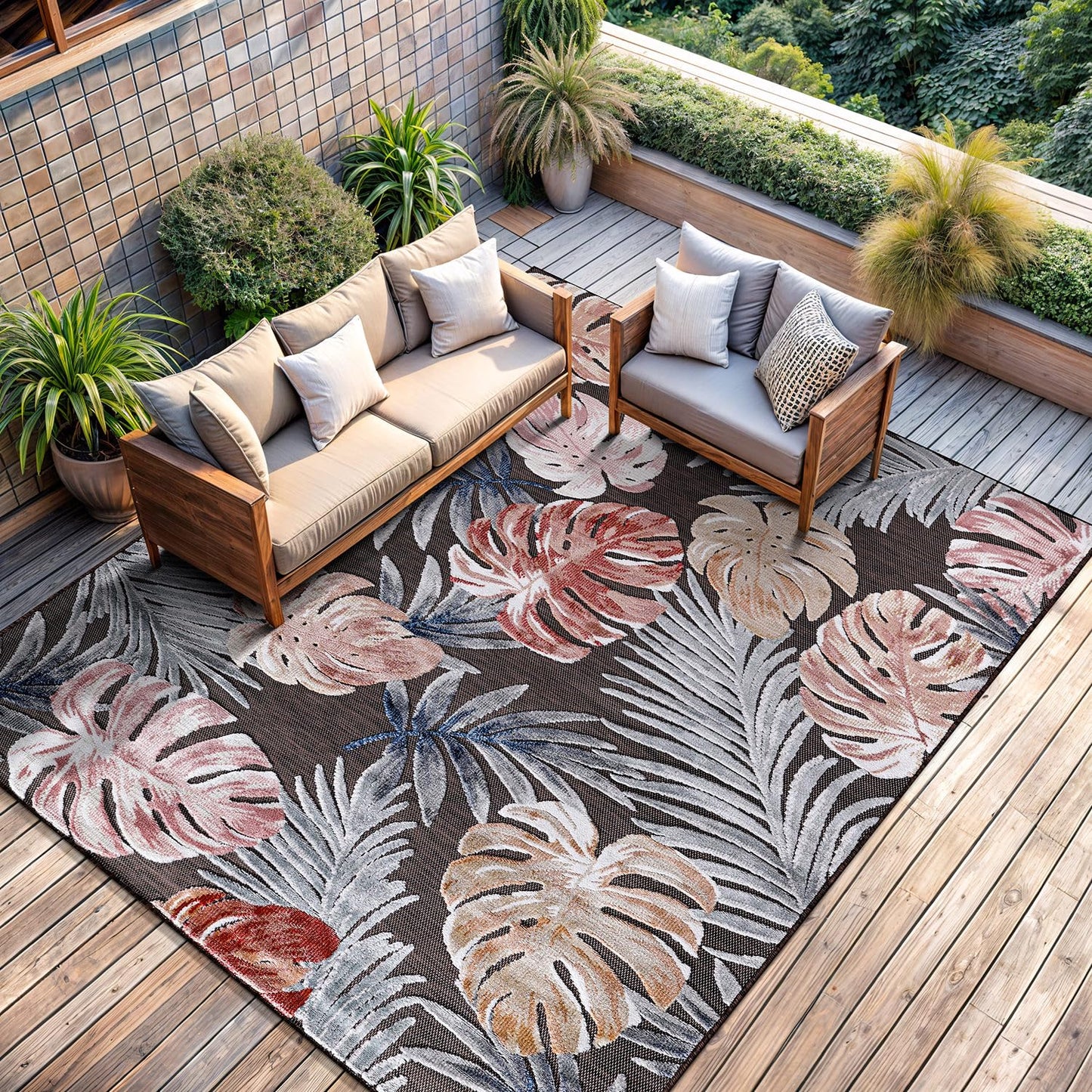 CAMILSON Indoor Outdoor Rug, Brown 6’x9’ Leaf Tropical Botanical Area Rugs for Indoor and Outdoor patios, Easy-Cleaning Non-Shedding Living Room, Garden and Kitchen Washable Outside Carpet (6x9)