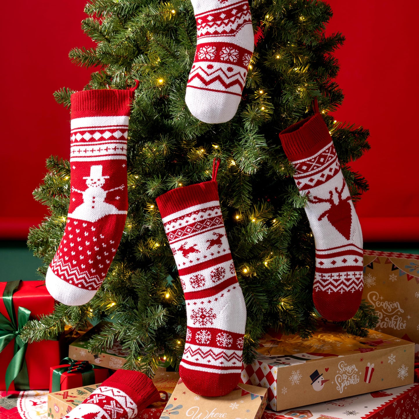 JOYIN 6 Pack 18" Christmas Knit Stockings, Large Rustic Yarn Xmas Stockings Bulk, Cable Knit Xmas Stockings with Snowflake Snowman Reindeer Character for Christmas Tree Fireplace Holiday Decorations