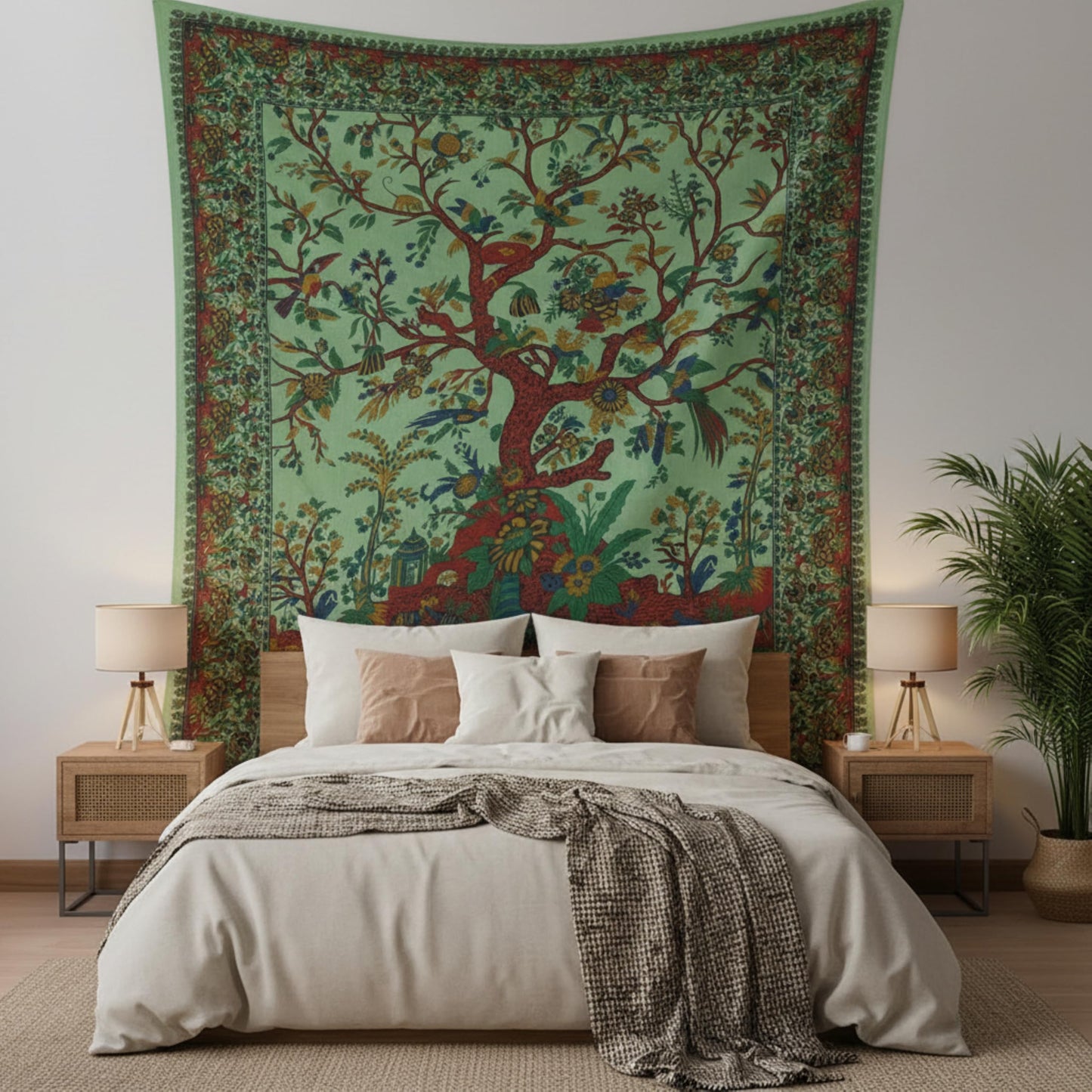 Craft Trade Indian Cotton Mandala Wall Hanging Tree of Life Tapestry for Aesthetic Boho Hippie Living Room, Meditation & Bedroom Décor (Green, 54x84 Inches)