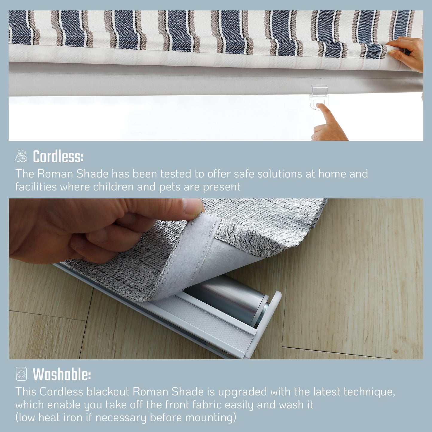 Everyday Celebration Roman Shades - 100% Blackout, Cordless Pull Down, Vertical Stripe Indoor Window Shades, Woven Fabric Blinds - Denim Bleu, 31" W x 64" H