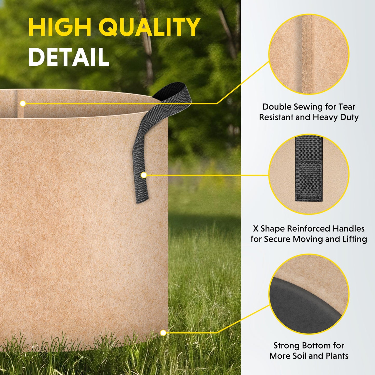 iPower 15 Gallon 5 Pack Grow Bags Nonwoven Fabric Pots Aeration Container with Strap Handles for Garden and Planting, 5-Pack Tan, 15 Gallon