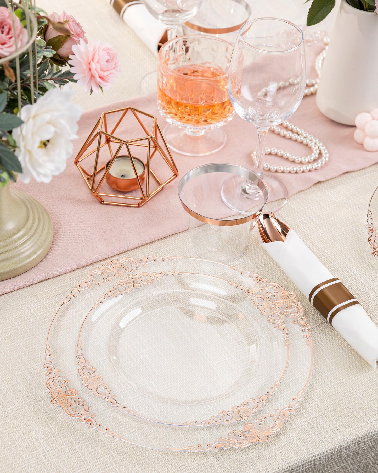 Nervure 175PCS Rose Gold Plastic Plates - Disposable Rose Gold Party Plates & Pre Rolled Napkins with Cutlery for 25 Guests, 50Plates, 75Silverware, 25Cups, 25Napkin for Wedding & Party & Mothers Day