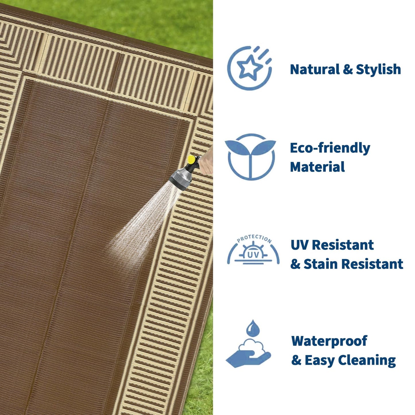 IDEALHOUSE Outdoor Rug 9'x18' Reversible Portable Lightweight Waterproof UV Resistant Plastic Straw Patio Mat for RV Camping Picnic Deck Backyard Peony Brown