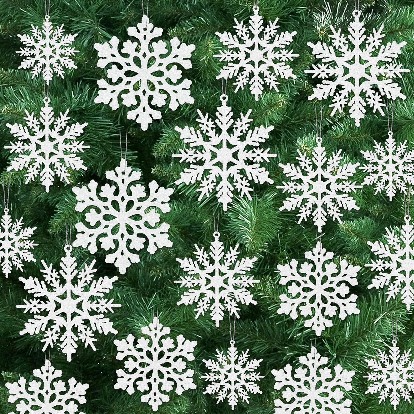 24PCS Snowflake Ornaments, Christmas White Snowflakes Tree Decorations, Plastic Glitter Snow Flakes Decorating Hanging, Xmas Tree Ornaments Indoor Ceiling Fireplace Winter Wonderland Decor