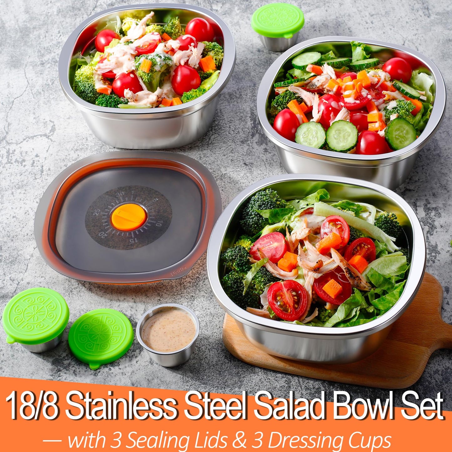 KTKUDY 3 Pack Stainless Steel Salad Bowls with Lids & Dressing Cups - 50 oz Leakproof Salad Containers for Meal Prep & Lunch To Go, Dishwasher Safe
