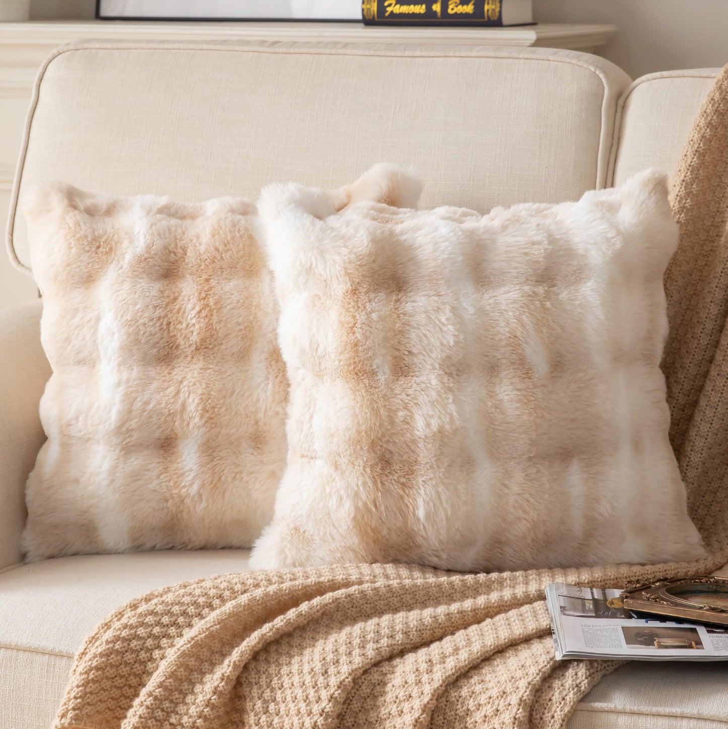 Joyouth Pack of 2 Thick Plush Throw Pillow Covers Fluffy Wave Faux Fur Decorative Cushion Covers Soft Wool Pillowcase for Sofa Couch Livingroom 18x18 Inch White Beige